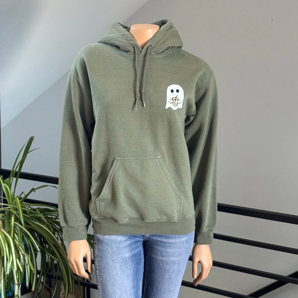 Spooky Season Boba Ghost Hoodie Olive Green Small Cute Coquette Fall Halloween - Picture 8 of 10